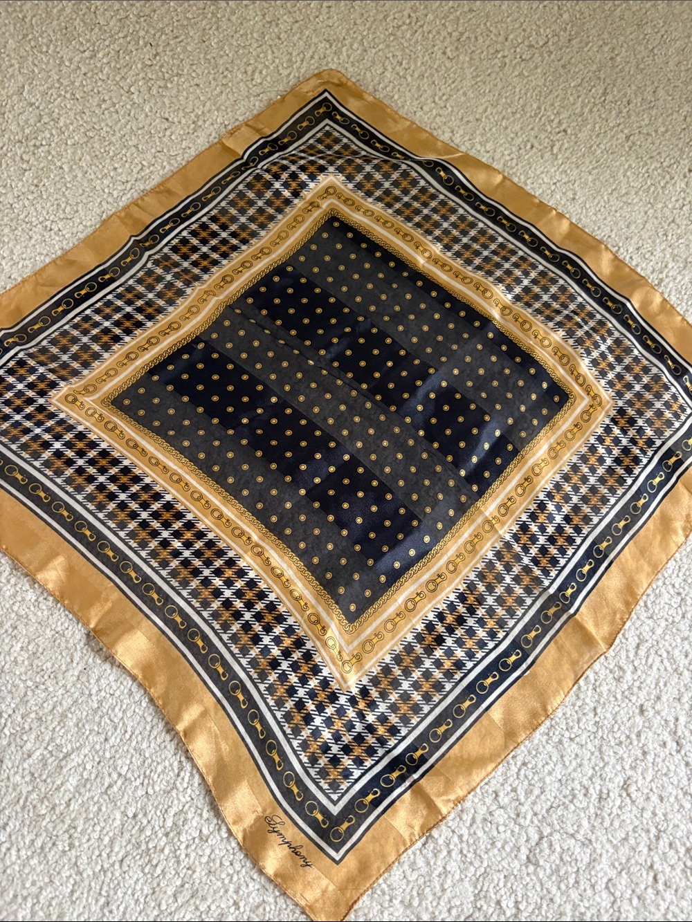 Vintage SYMPHONY SCARF Collectible Square Scarf gold  black